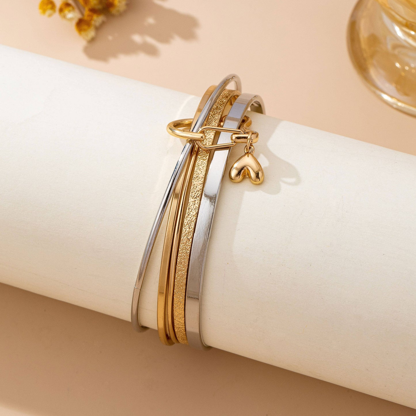 Gold Silver Heart Linked Multi Bangle Set Bracelet