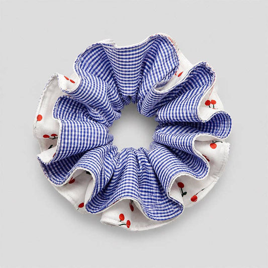 Cherry Gingham Ruffle Hair Scrunchie: Blue / One Size