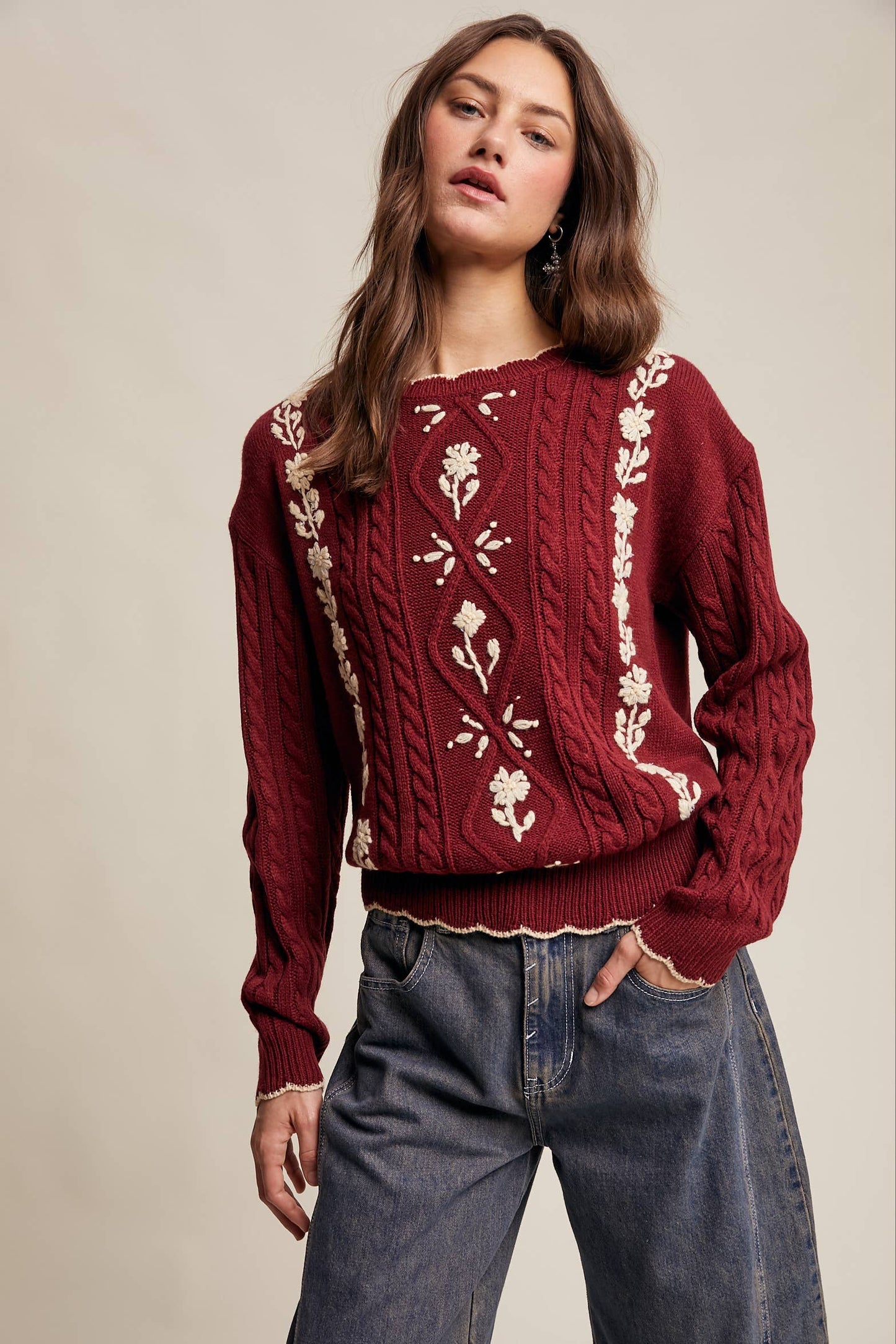 Floral Embroidered Cable Knit Sweater-cabernet