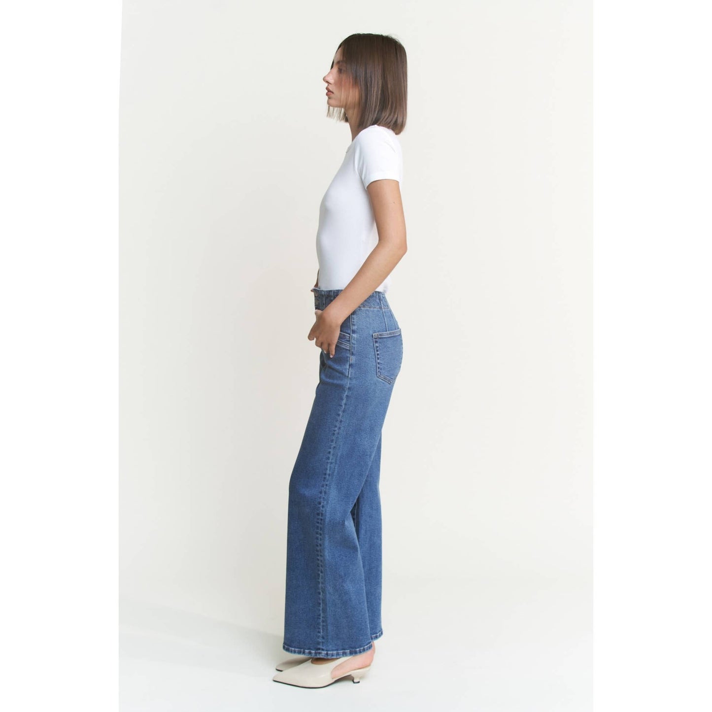 Mica- SUPER HIGH RISE WIDE LEG WITH Double Button: MEDIUM WASH