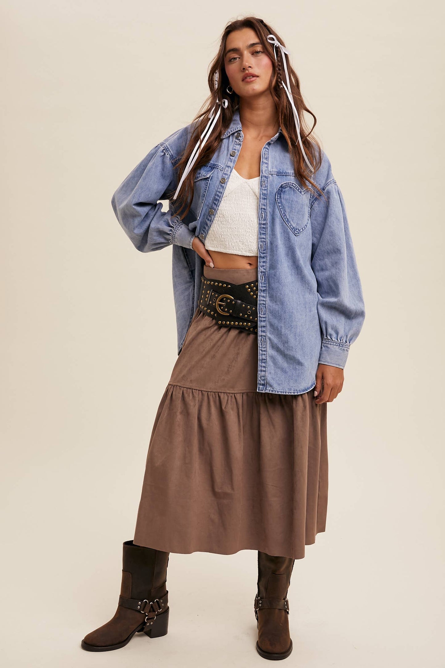 Heart Detail Oversized Denim Shirt/ Light Denim