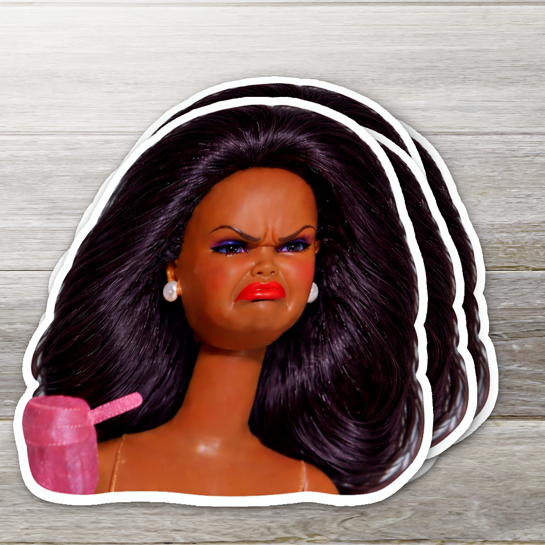 Annoyed Doll Face Reaction Vinyl Sticker: 2" wide