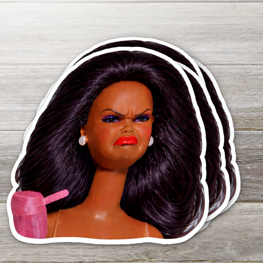 Annoyed Doll Face Reaction Vinyl Sticker: 2" wide