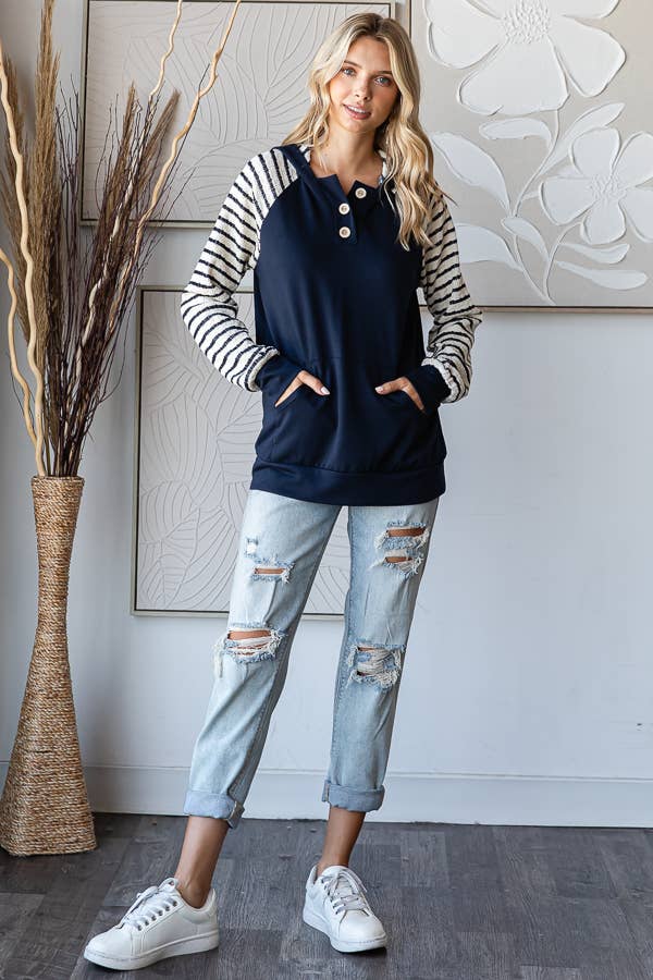 Stripe Contrast Hooded Knit Top/ Navy
