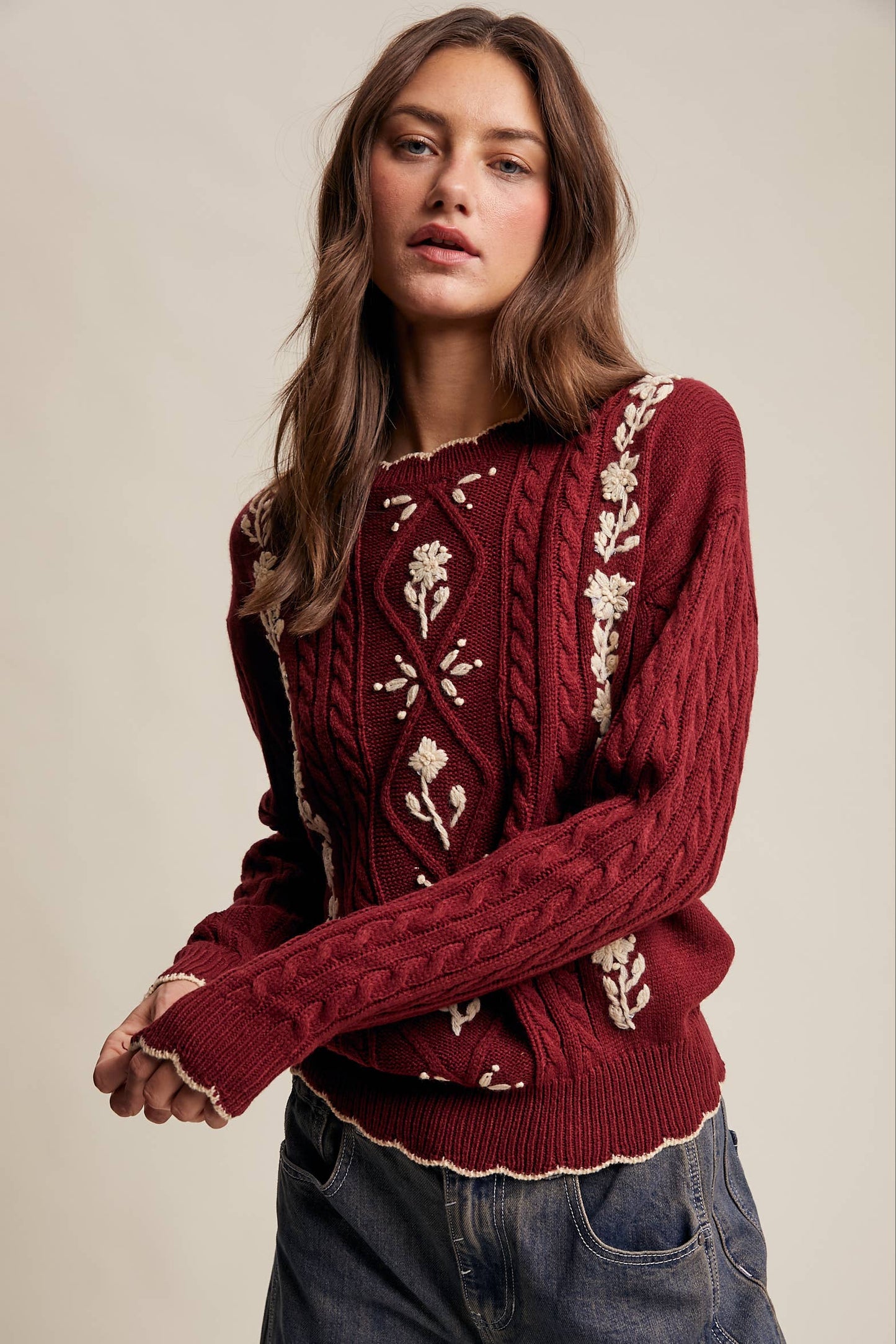 Floral Embroidered Cable Knit Sweater-cabernet