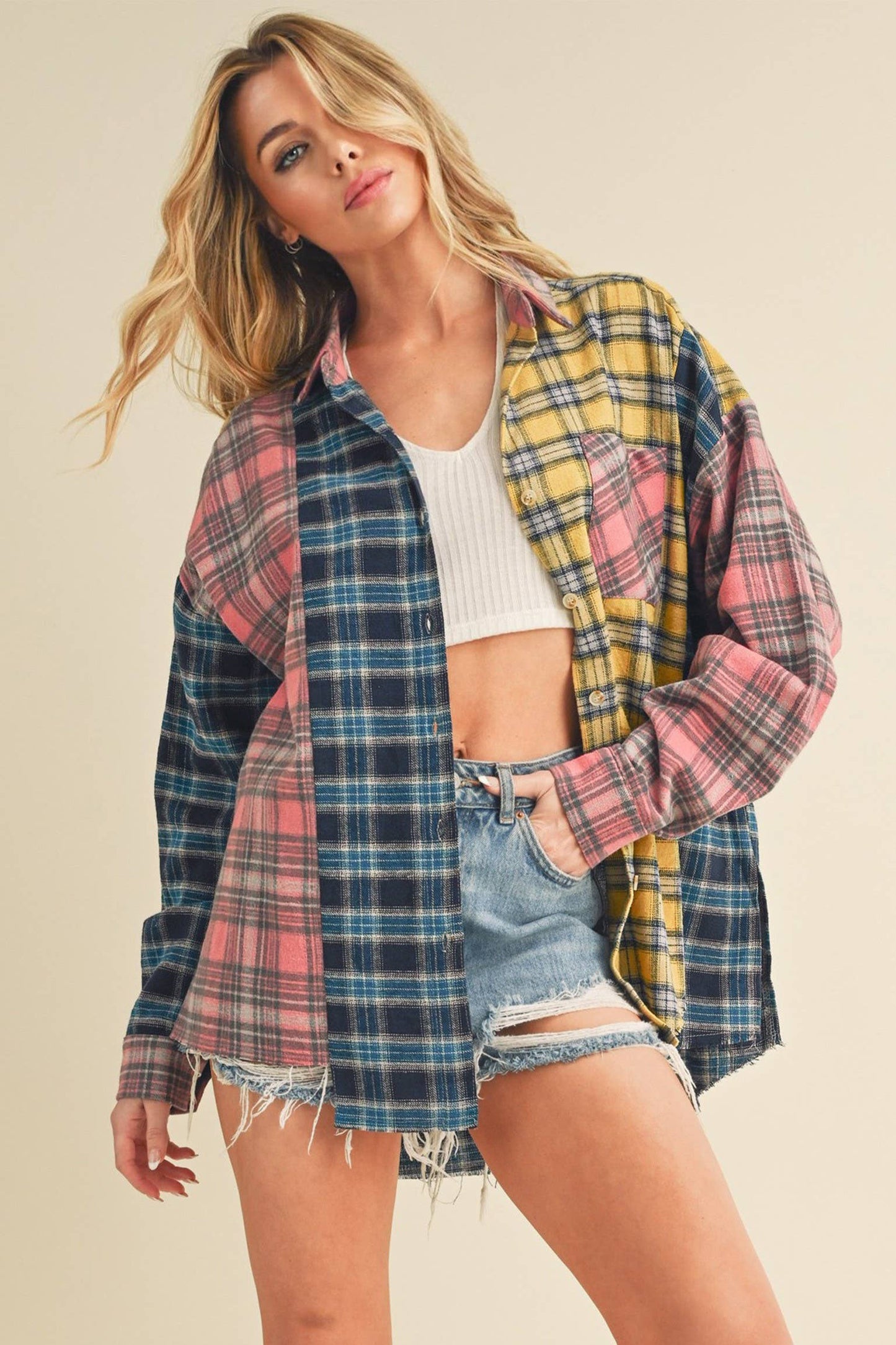 Neela Multi Color Plaid Flannel Shirt 1: Blue/Pink/Yellow