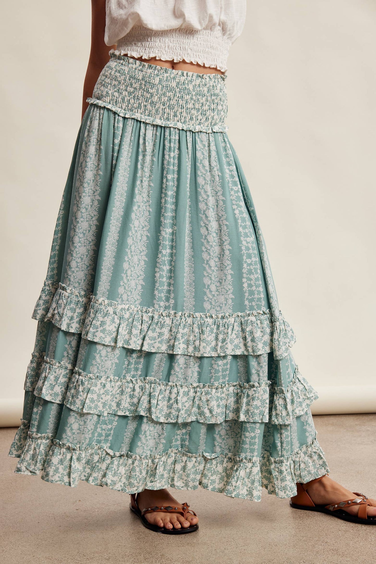 Mixed Print Tiered Maxi Skirt/ Sage