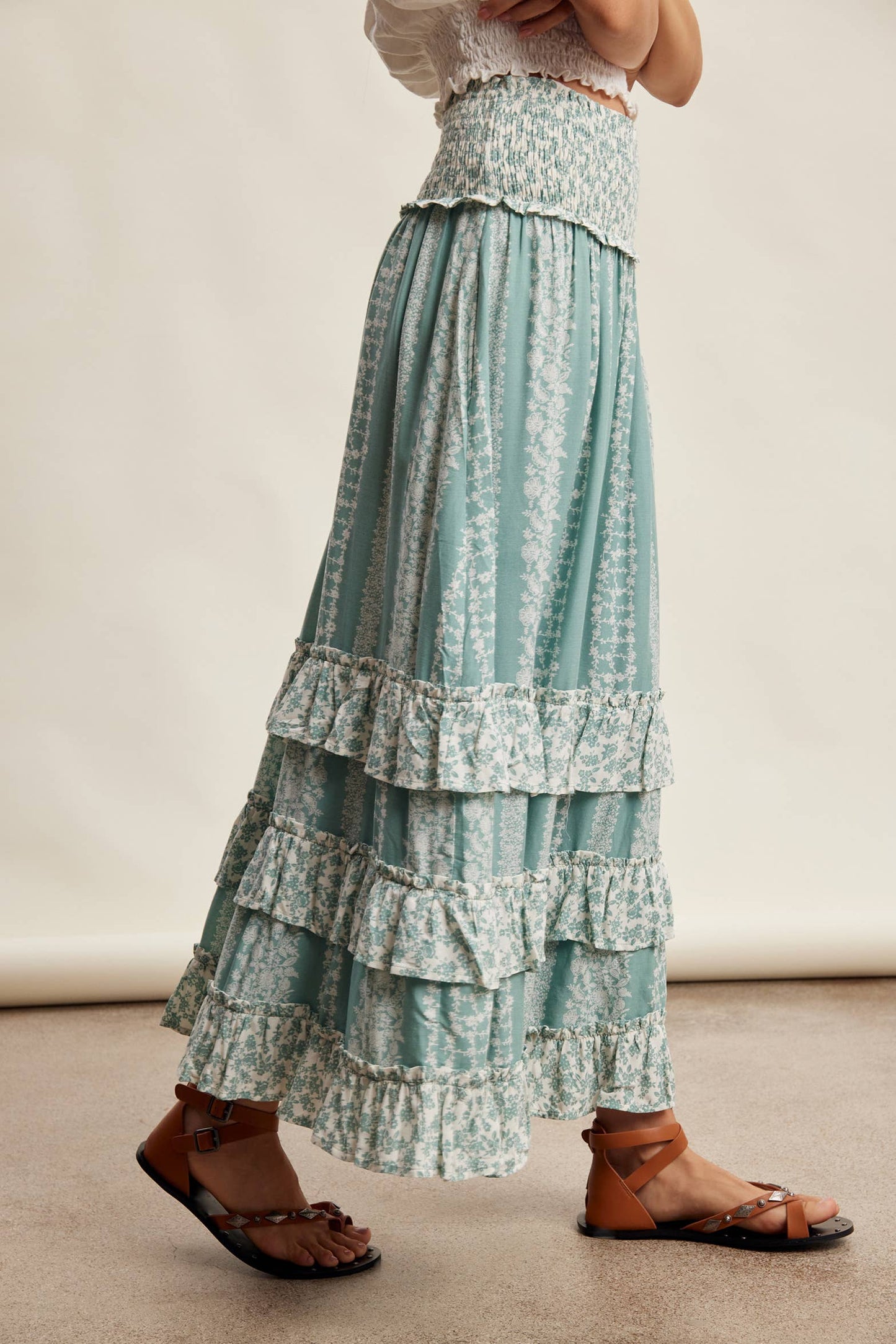 Mixed Print Tiered Maxi Skirt/ Sage