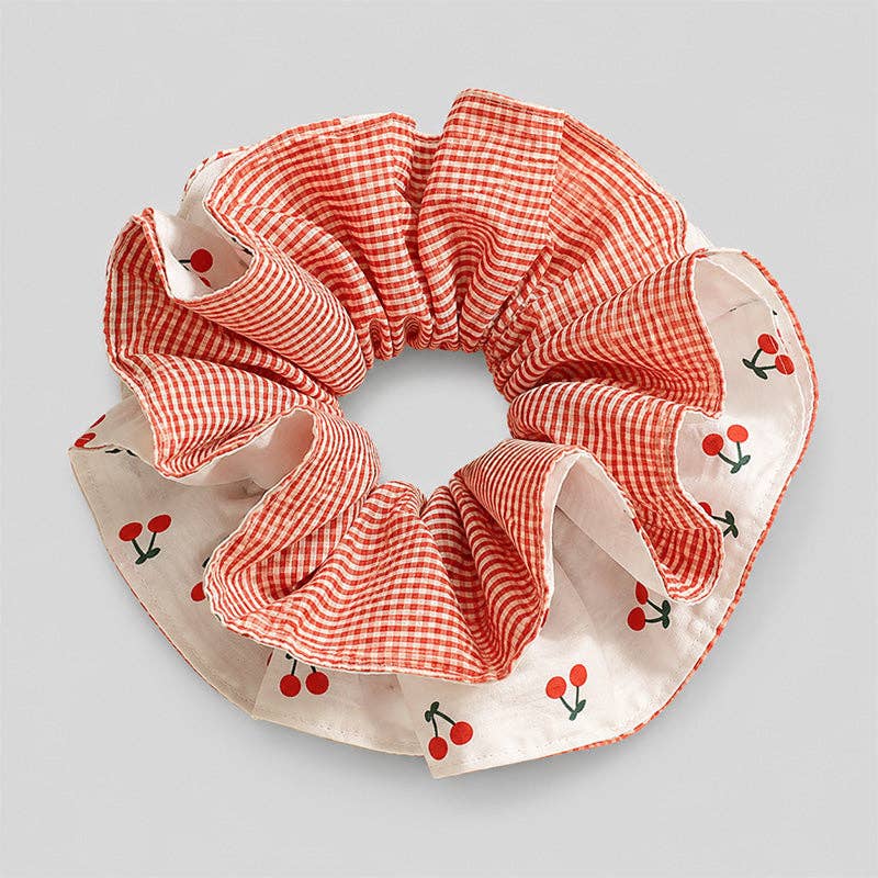 Cherry Gingham Ruffle Hair Scrunchie: Red / One Size