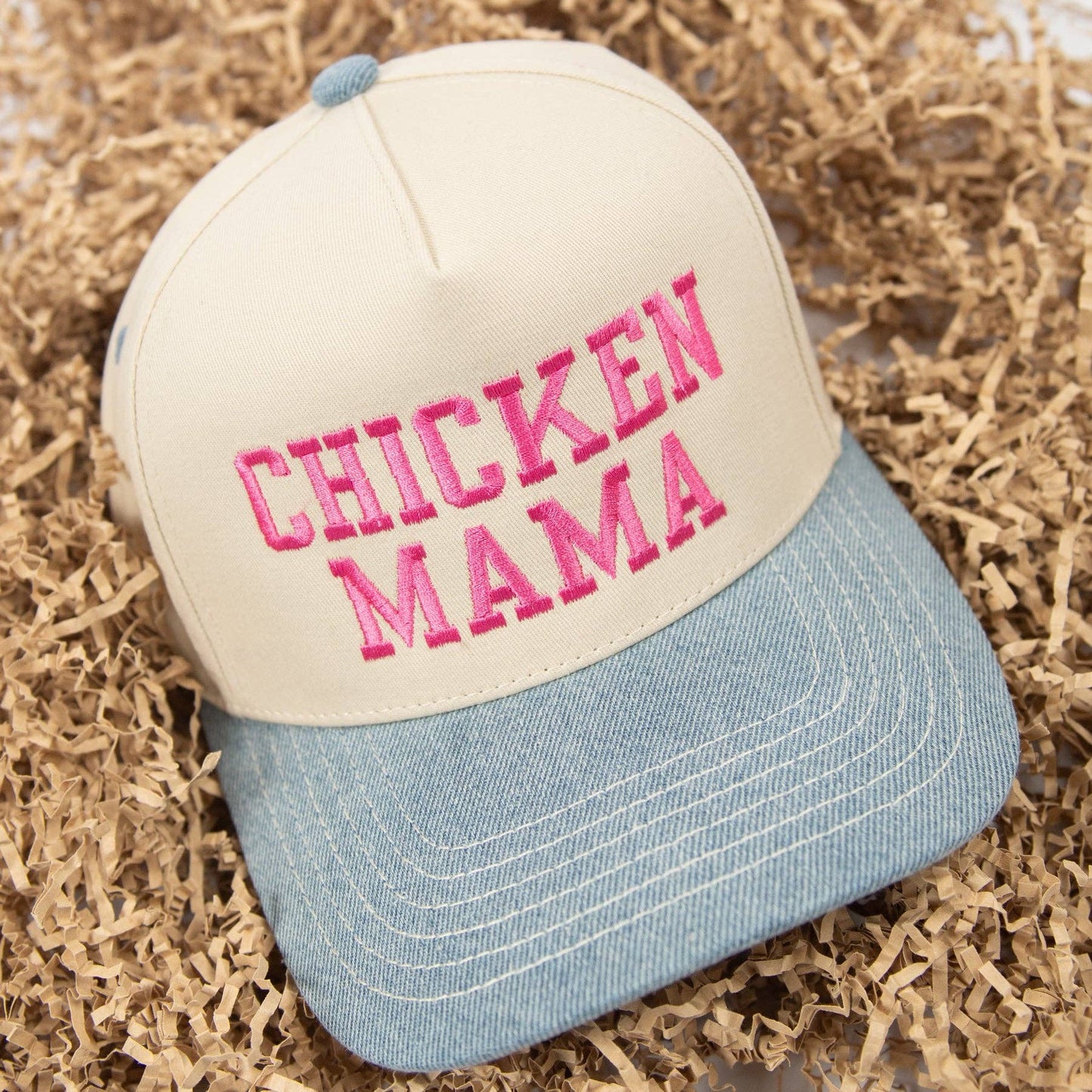 Denim 'Chicken Mama' Pink Embroidered Trucker Hat: Cream/Denim