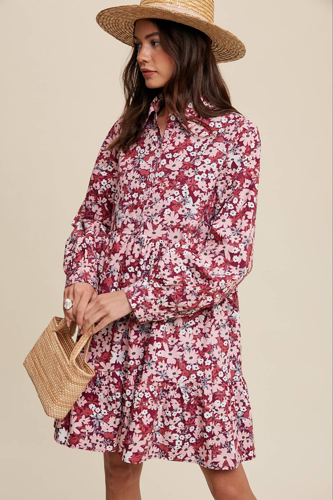 Bold Floral Tiered Shirt Dress