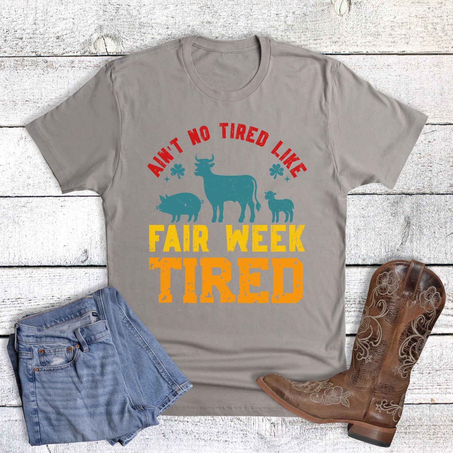 Western Tired Like Fair Week Graphic Tee: Solid Light Gray