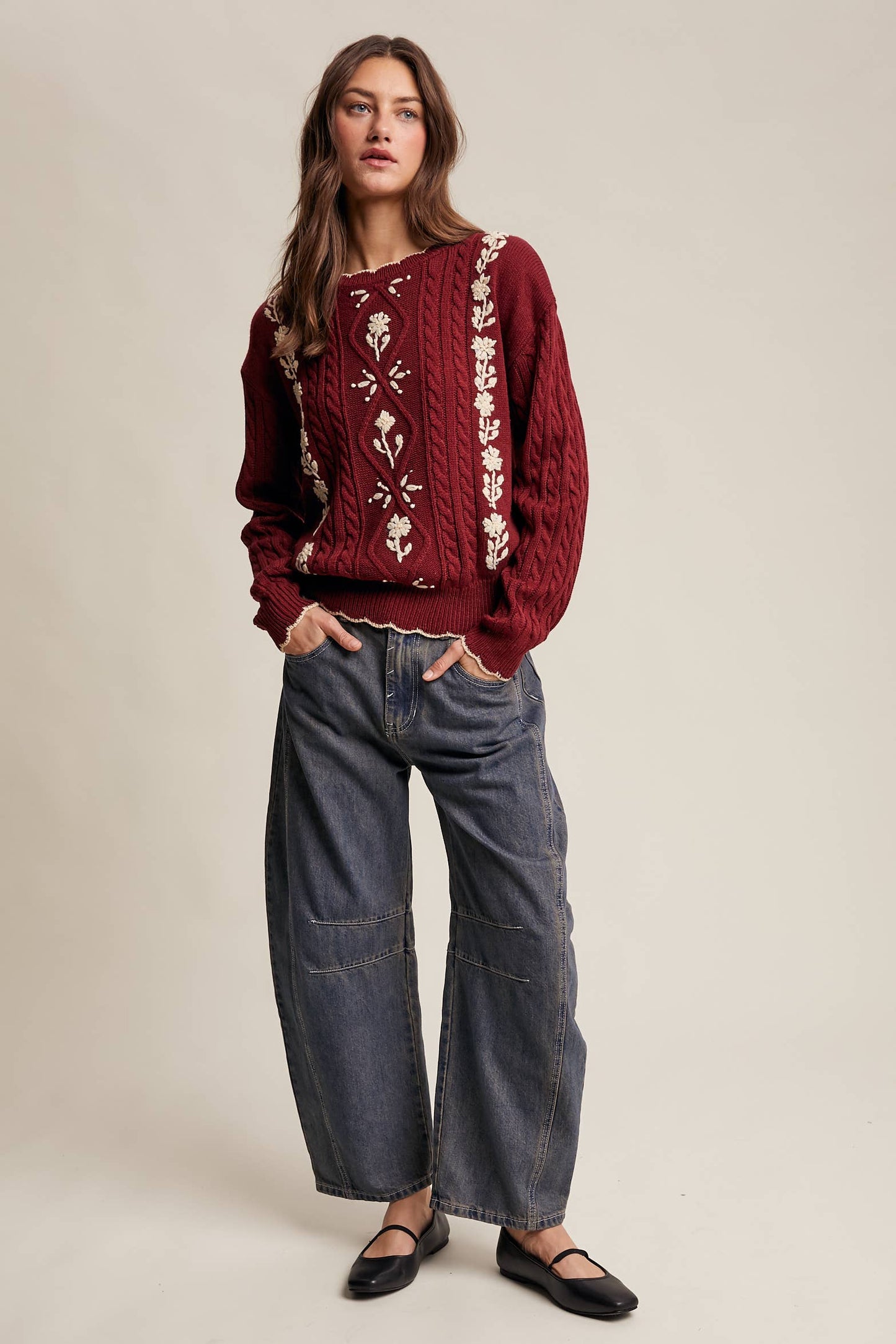 Floral Embroidered Cable Knit Sweater-cabernet