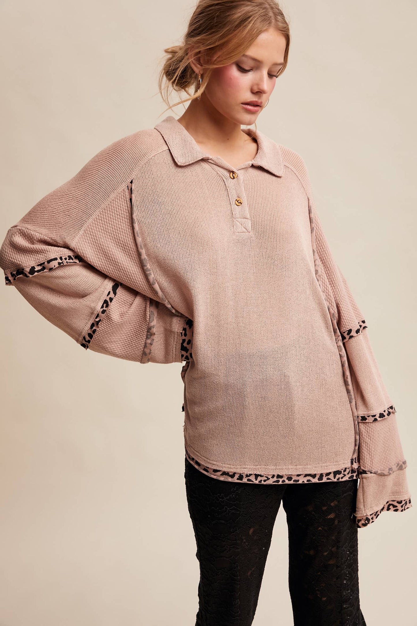 Leopard Trim Collared Thermal Top/ Dusty Pink