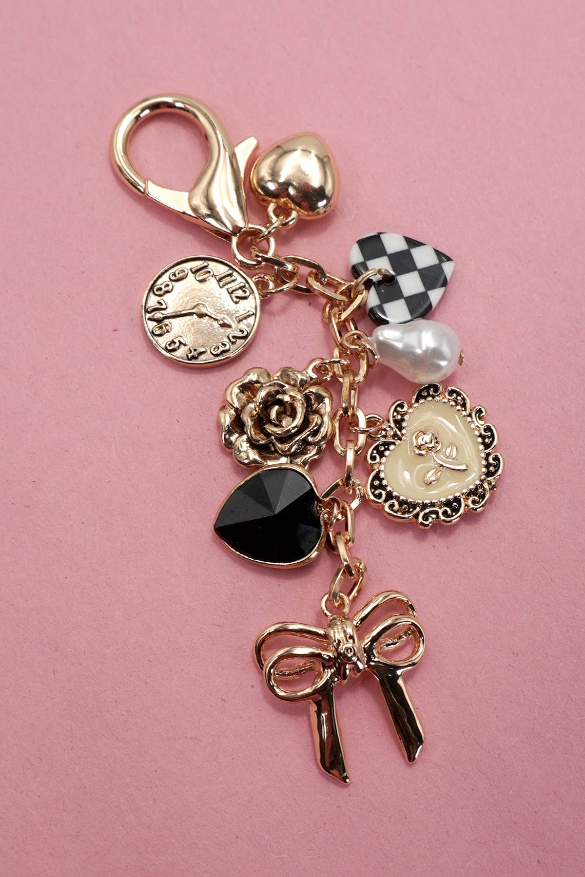BOW CHECKER HEART FLOWER BAG CHARM/ Gold