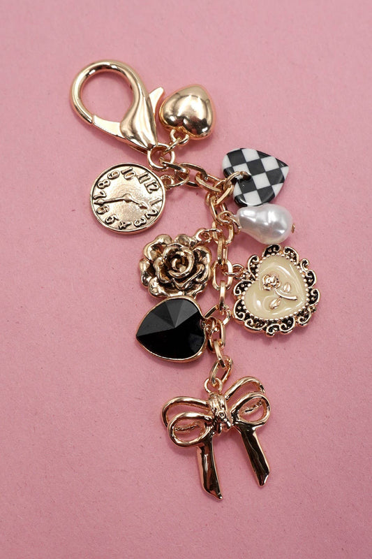 BOW CHECKER HEART FLOWER BAG CHARM/ Gold