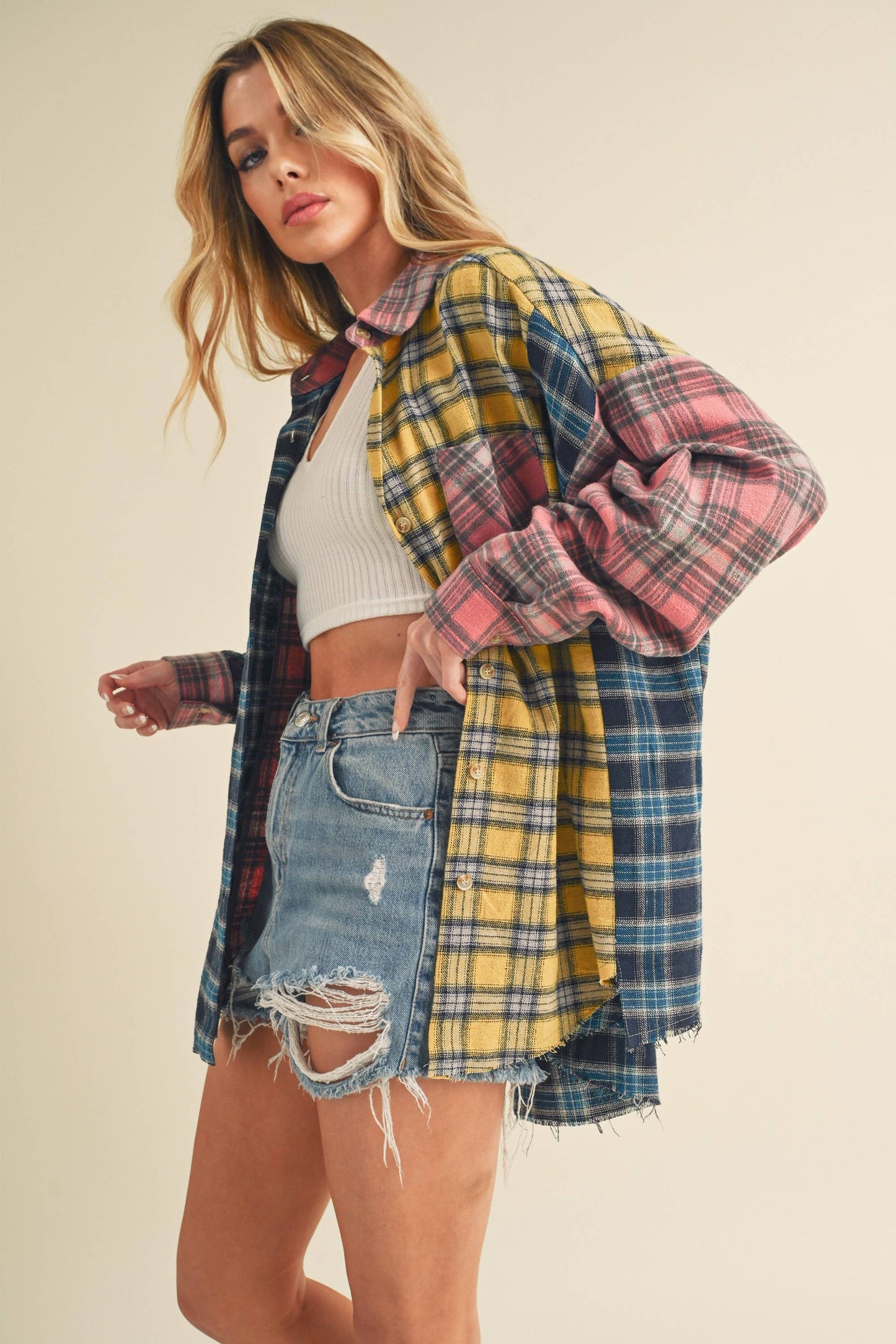 Neela Multi Color Plaid Flannel Shirt 1: Blue/Pink/Yellow