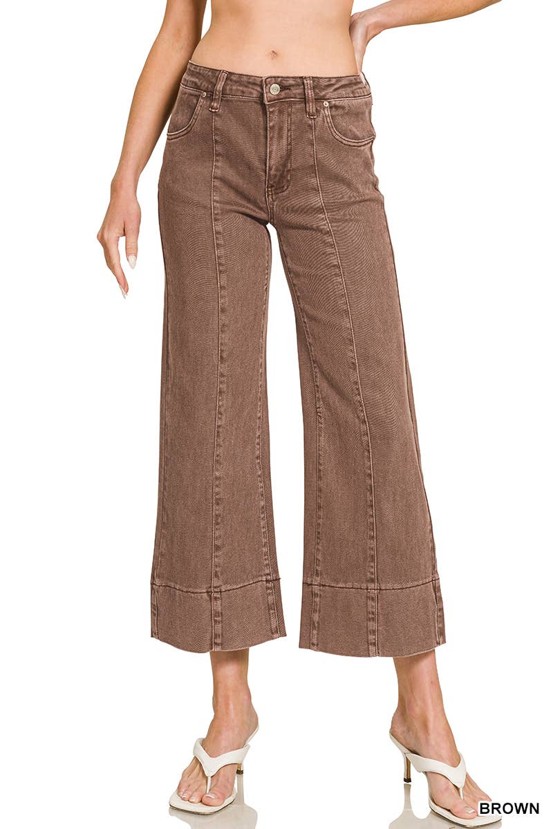 Mid Rise Wide Leg Cropped Mocha Denim Pants