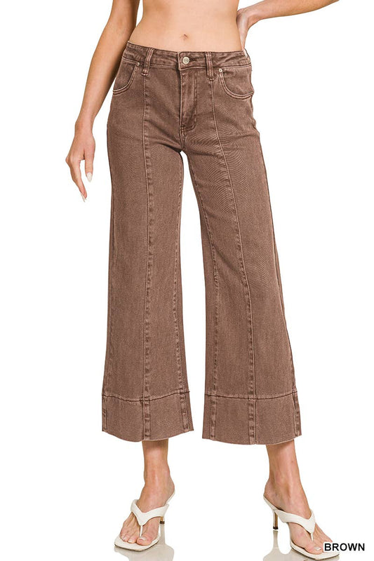 Mid Rise Wide Leg Cropped Mocha Denim Pants