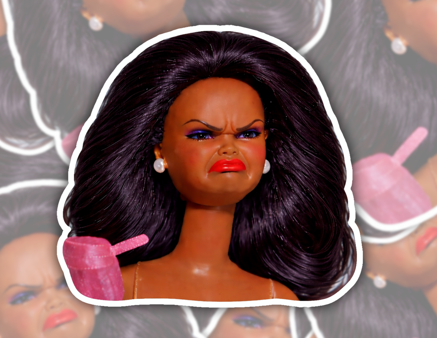 Annoyed Doll Face Reaction Vinyl Sticker: 2" wide