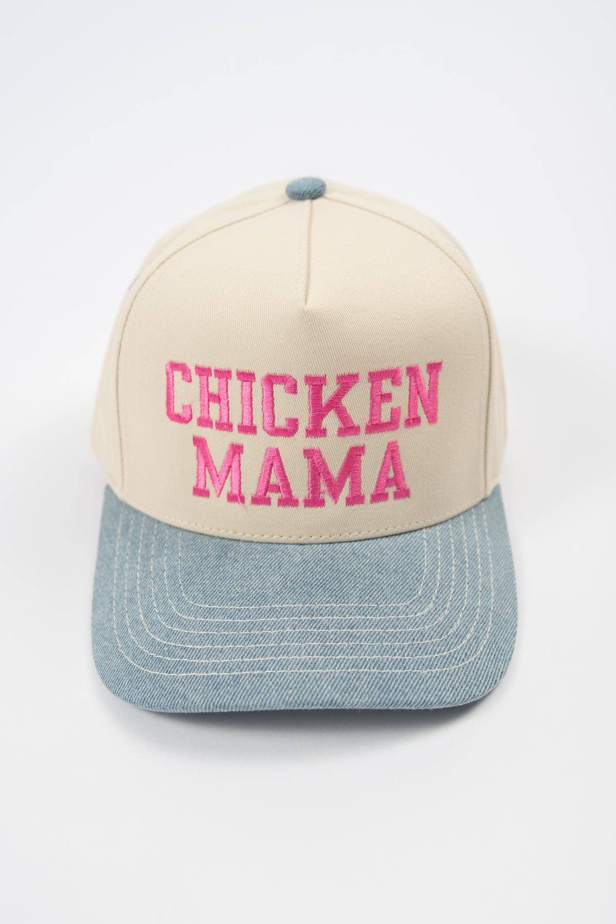 Denim 'Chicken Mama' Pink Embroidered Trucker Hat: Cream/Denim