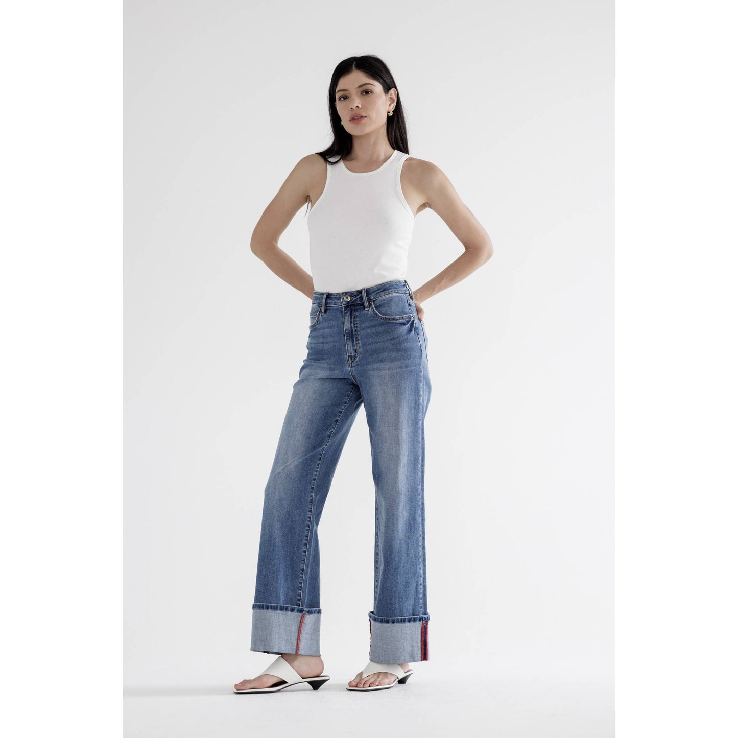HIGH RISE WIDE LEG WITH CUFF HEM: PORTO BLUE