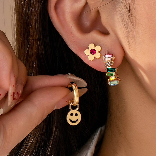 Rainbow Crystal, Smiley, and Floral Trio Earrings