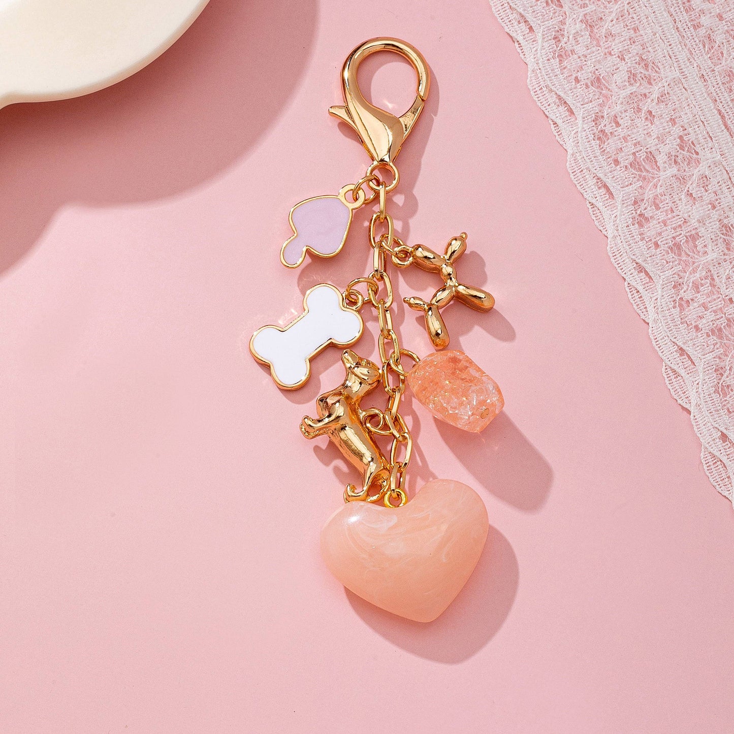 BAG CHARM-HEART DOG BONE BAG CHARM KEY CHAIN/ Gold