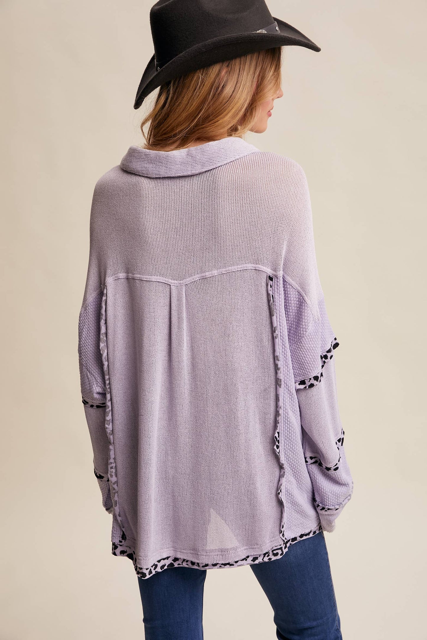 Leopard Trim Collared Thermal Top/ Lilac