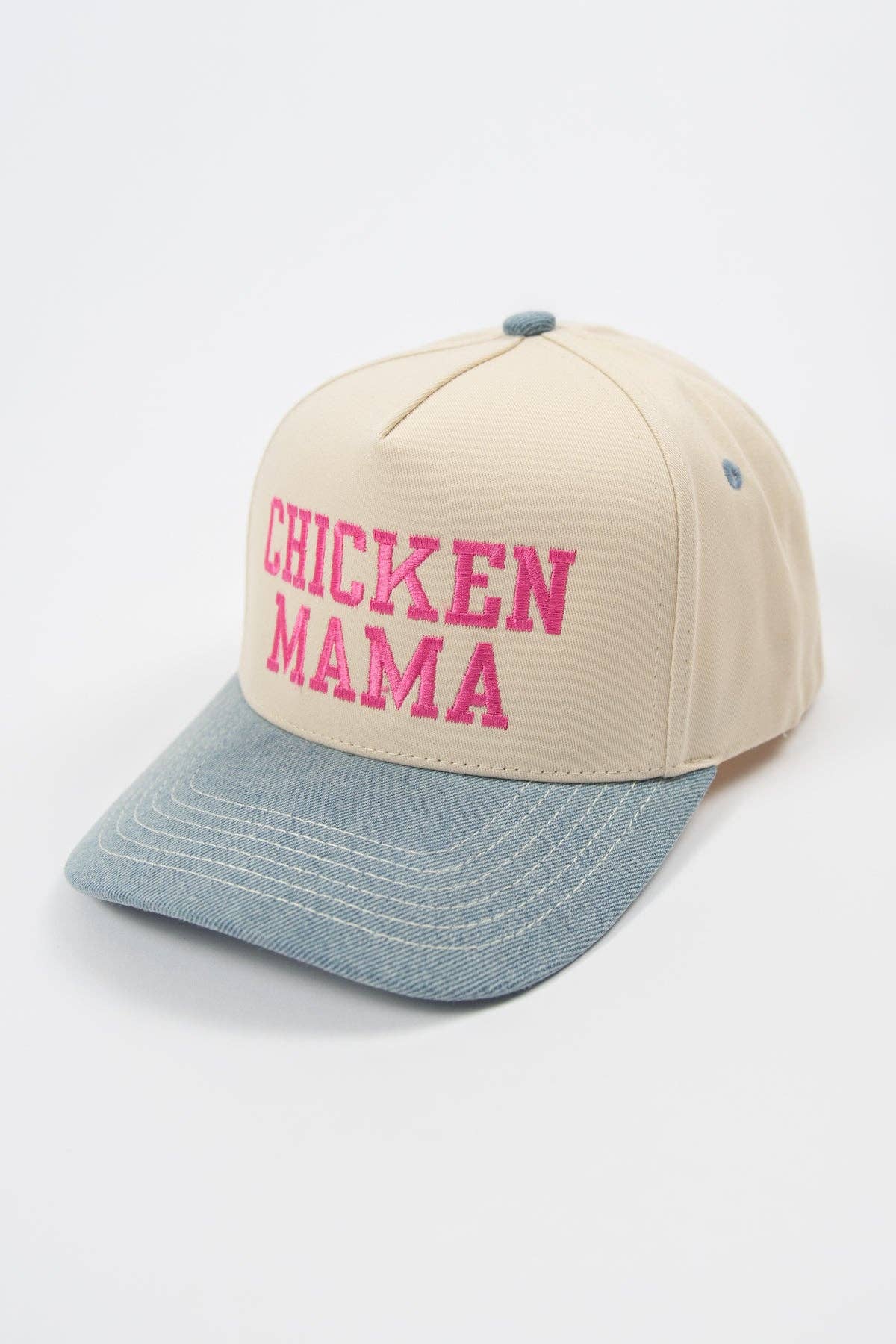 Denim 'Chicken Mama' Pink Embroidered Trucker Hat: Cream/Denim