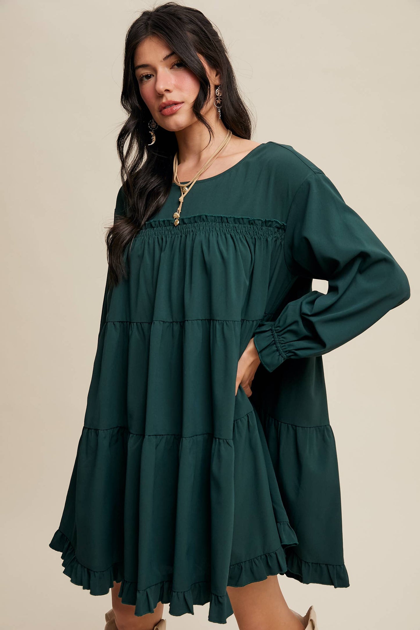 Ruffle Tiered Long Sleeve Babydoll Dress