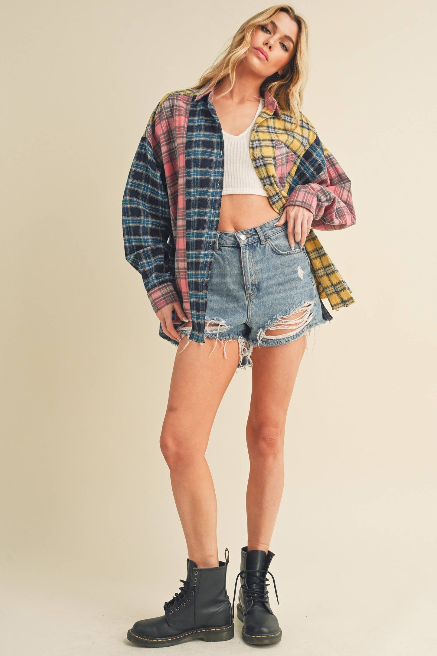 Neela Multi Color Plaid Flannel Shirt 1: Blue/Pink/Yellow