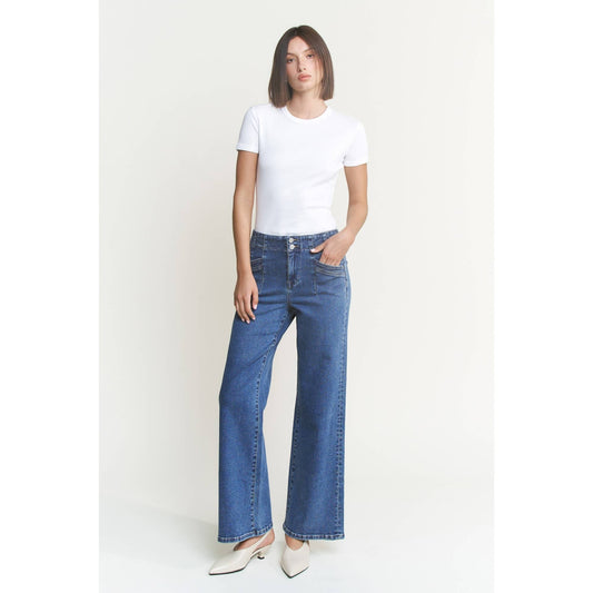 Mica- SUPER HIGH RISE WIDE LEG WITH Double Button: MEDIUM WASH
