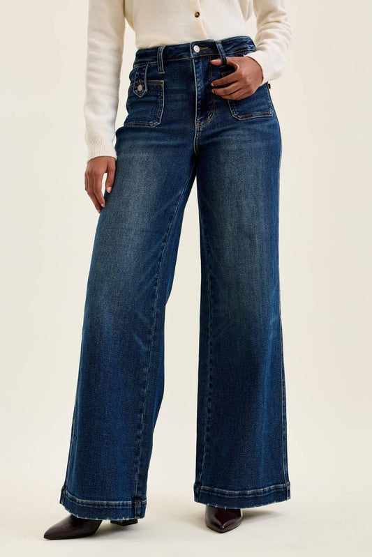 Judy Blue Jeans Signature Stretch "LUX" Retro Wide w/ Front Tab Closure DK Fade Indigo