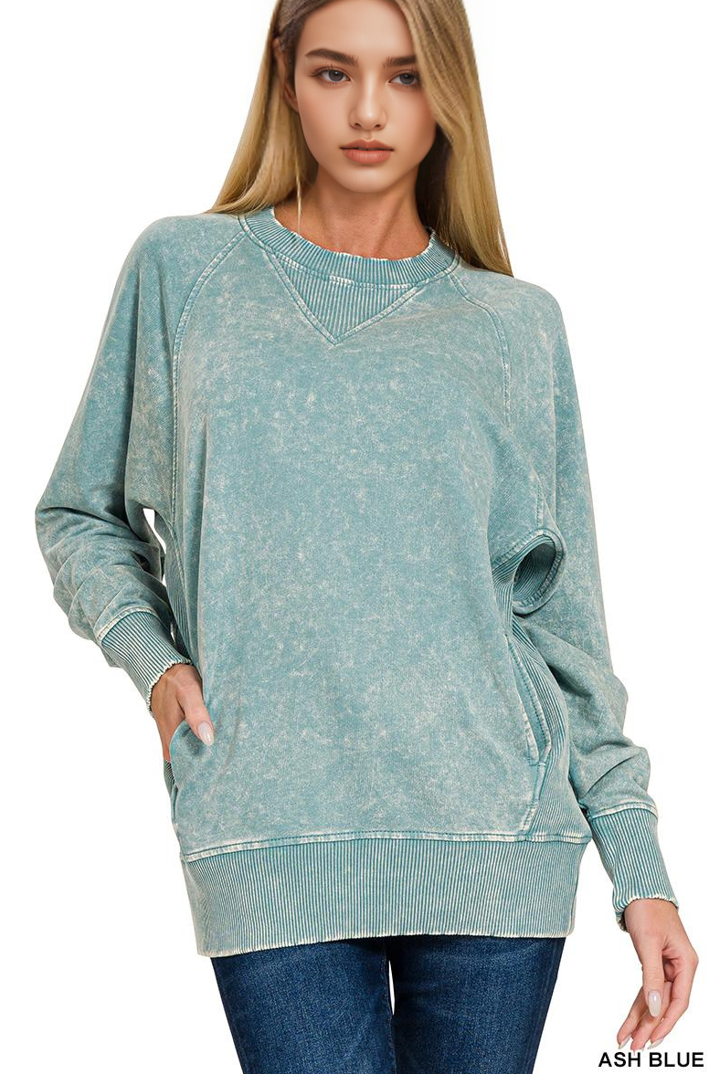 `Acid Wash French Terry Pullover w// Pockets: SLEET