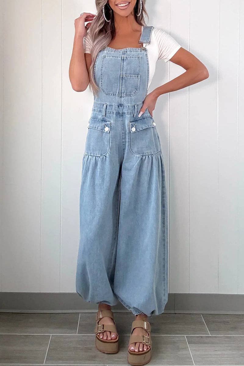 Wide-Leg Denim Overall Jumpsuit: BLUE
