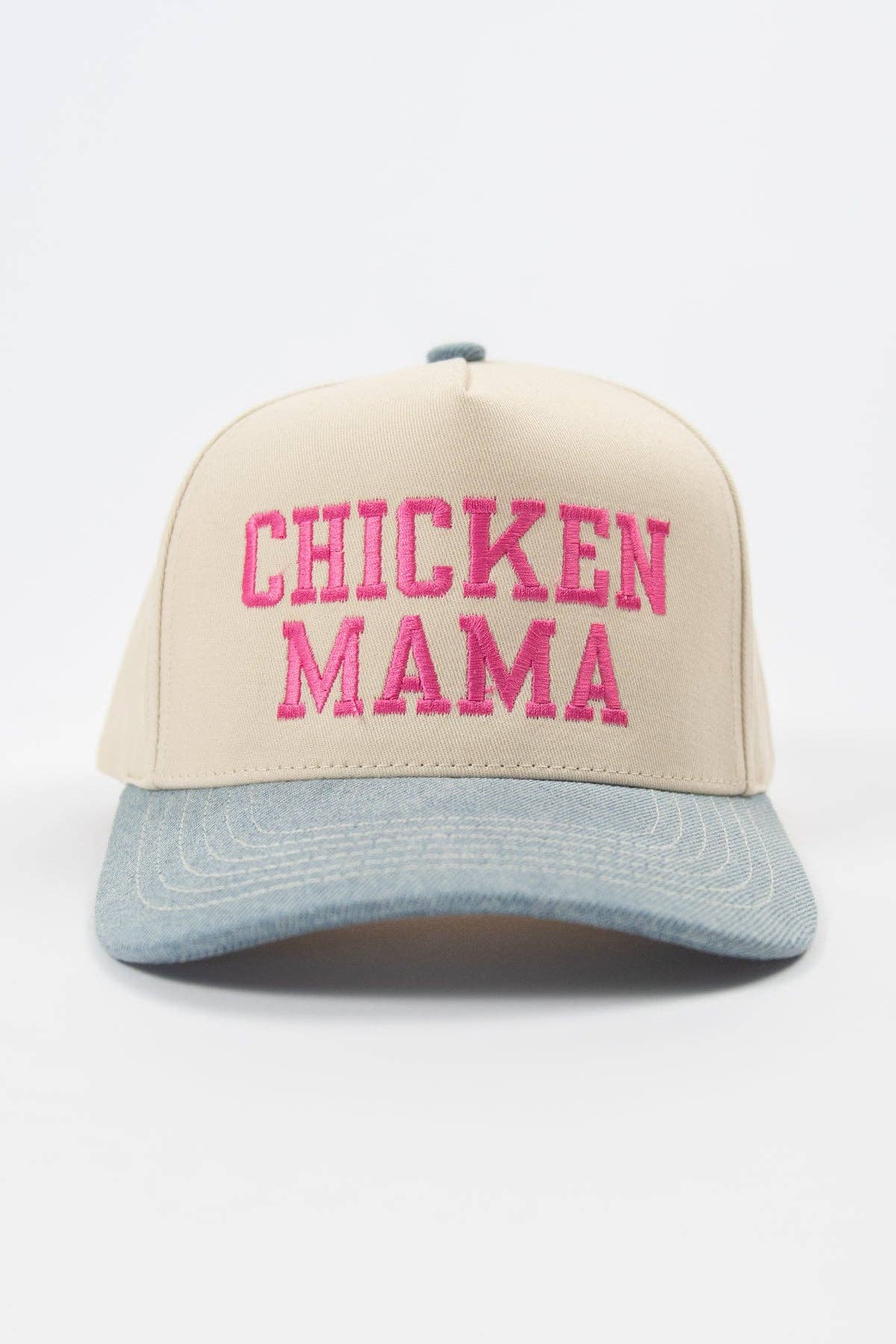 Denim 'Chicken Mama' Pink Embroidered Trucker Hat: Cream/Denim