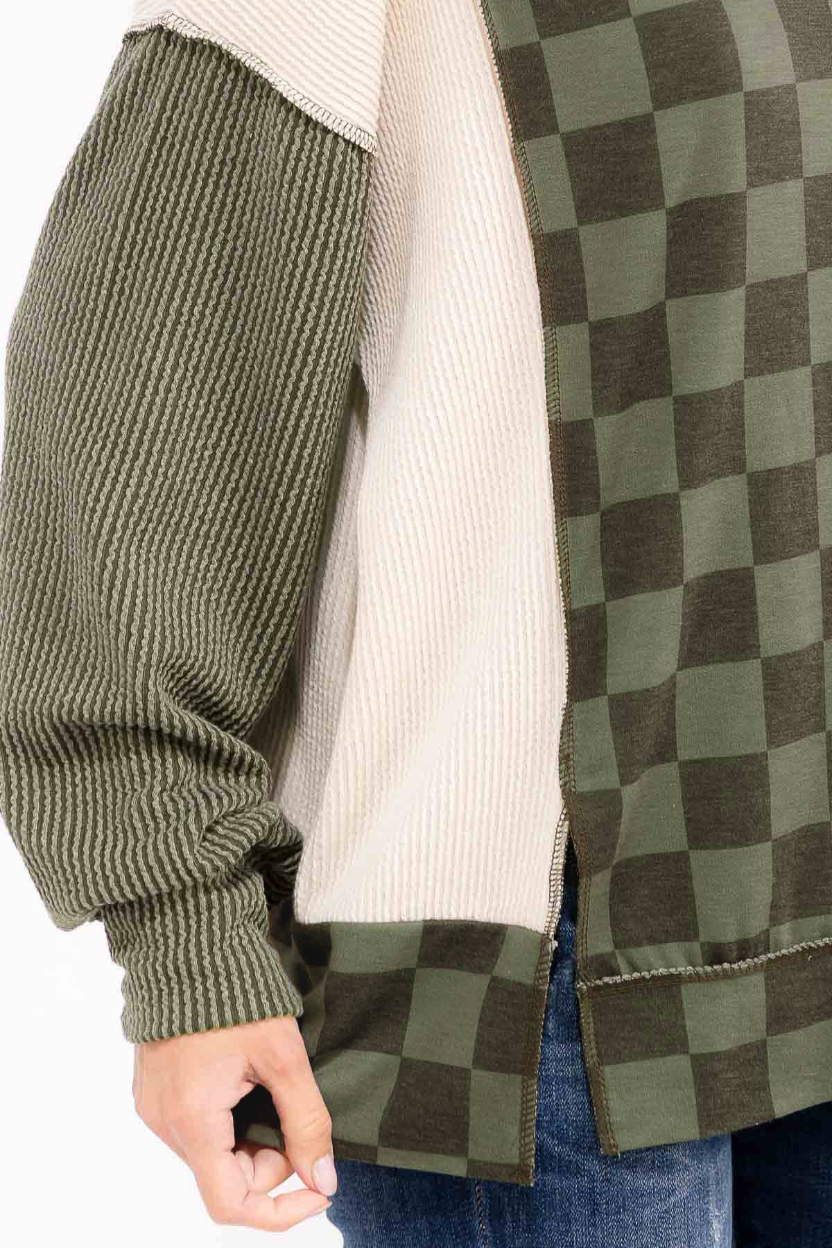 Checkered Print Long Sleeve Pullover Top/ Olive
