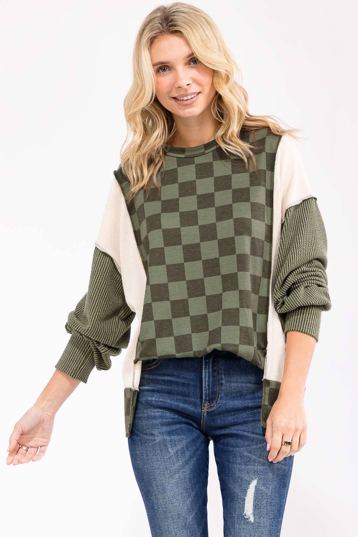 Checkered Print Long Sleeve Pullover Top/ Olive