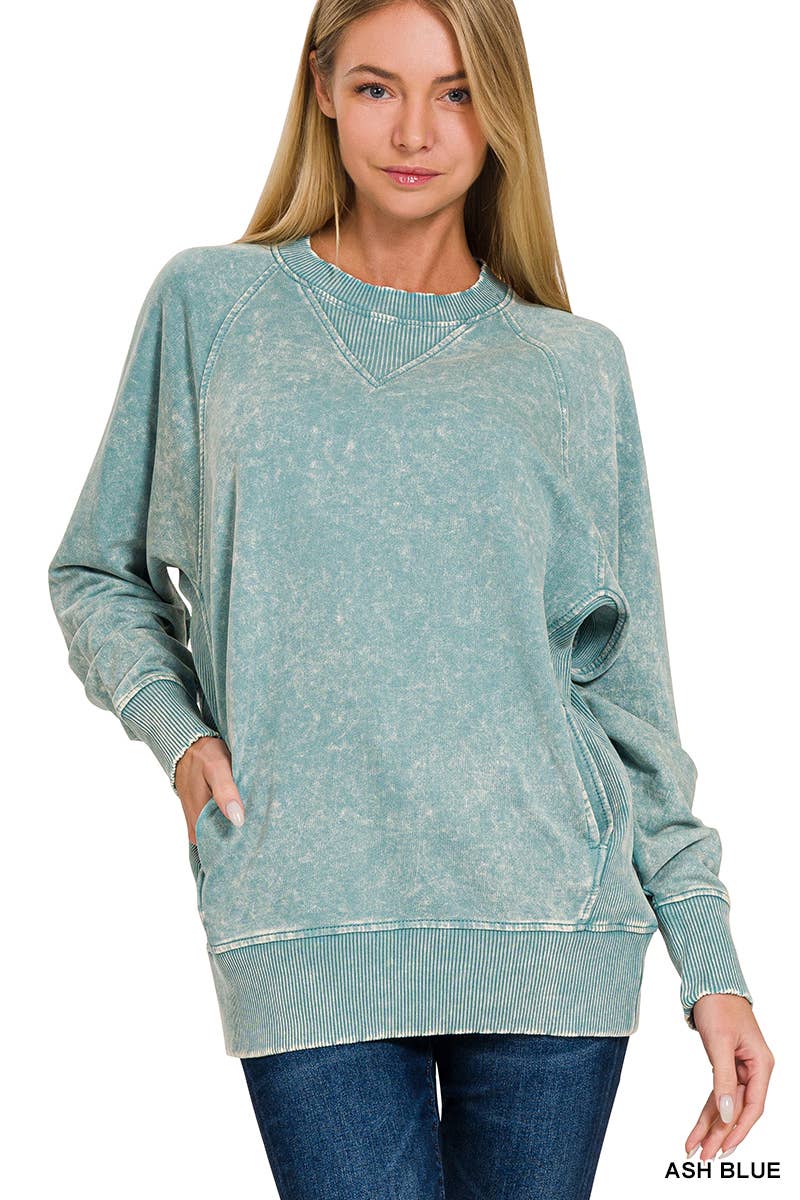 `Acid Wash French Terry Pullover w// Pockets: SLEET