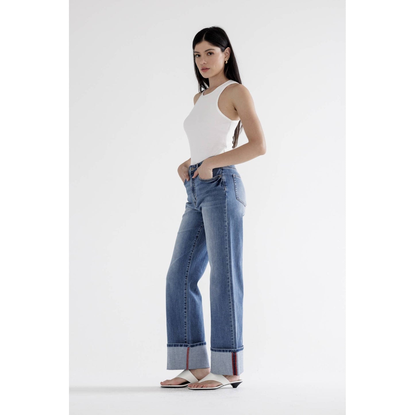 HIGH RISE WIDE LEG WITH CUFF HEM: PORTO BLUE