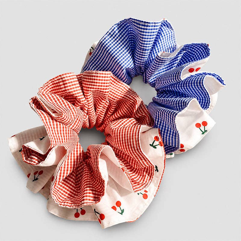 Cherry Gingham Ruffle Hair Scrunchie: Blue / One Size