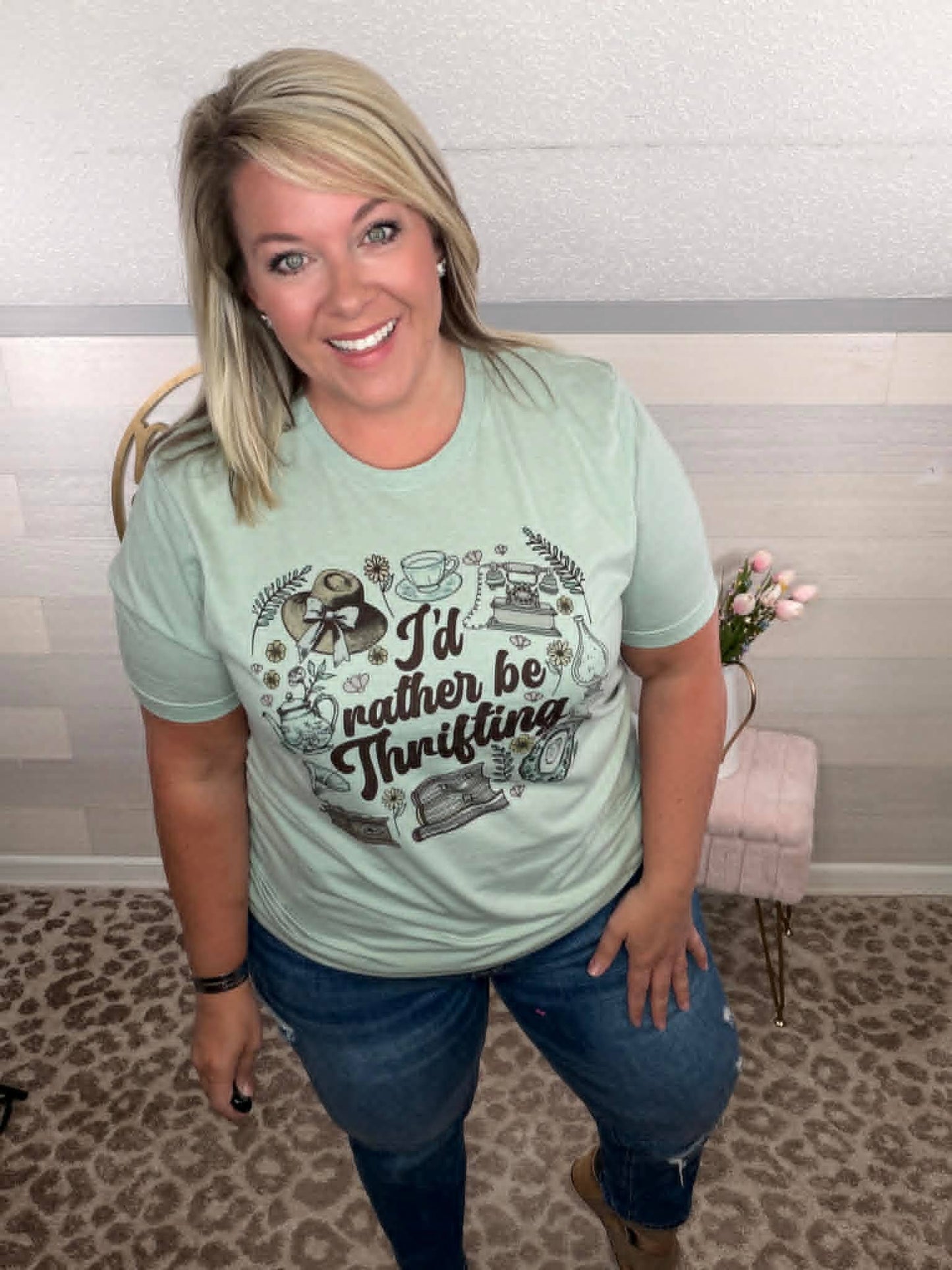 Vintage Rather be Thrifting Collage Dusty Green Graphic Tee