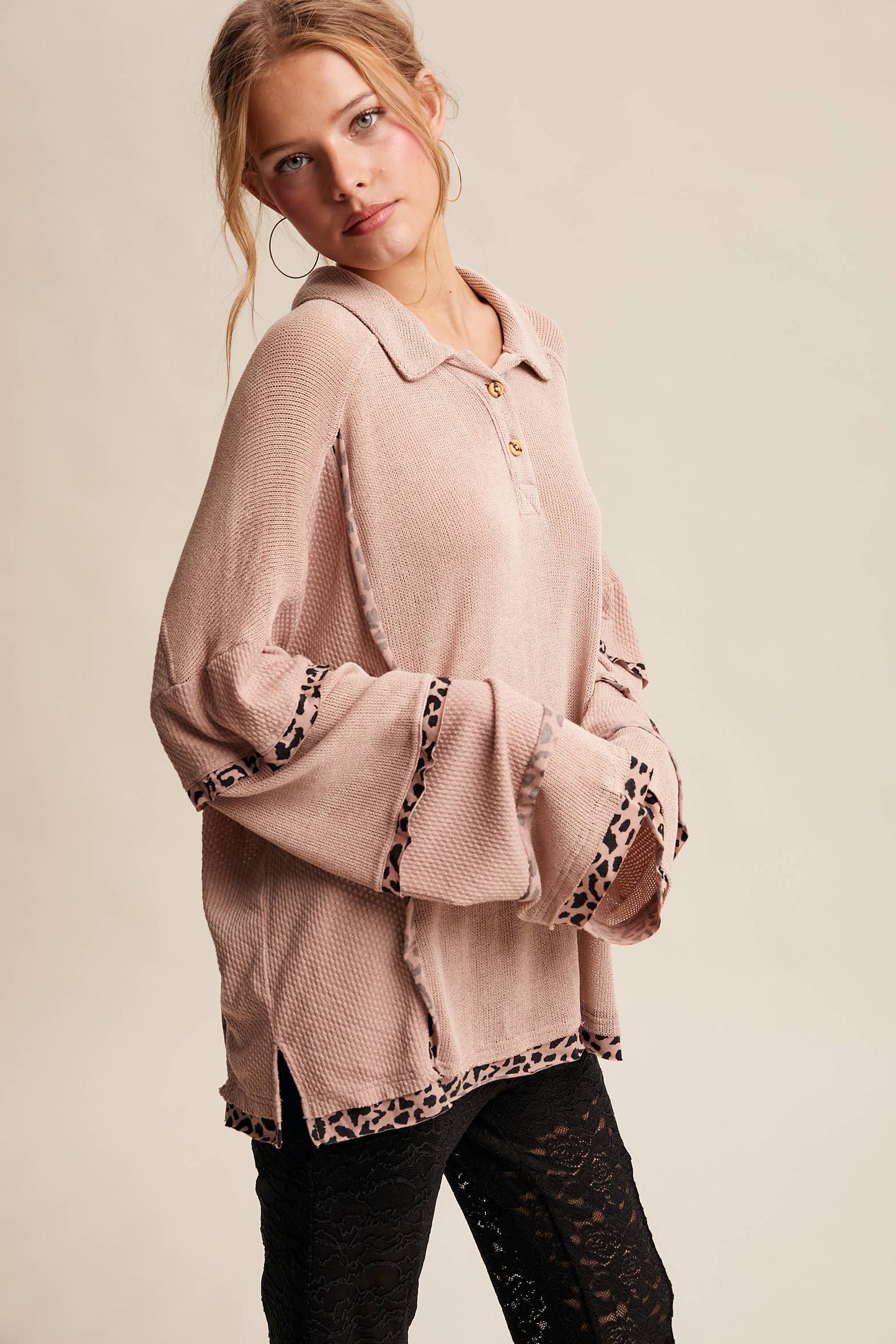 Leopard Trim Collared Thermal Top/ Dusty Pink
