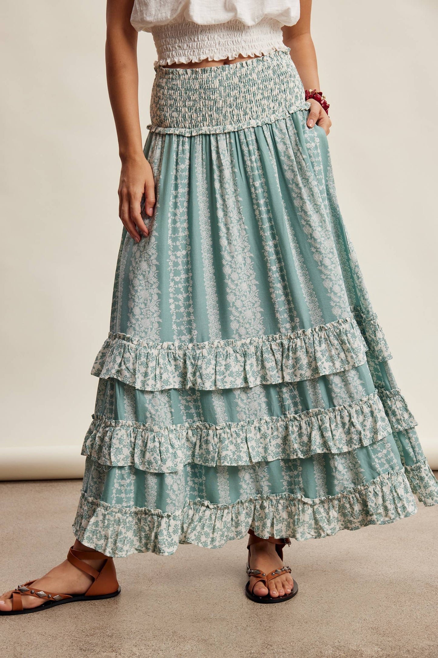 Mixed Print Tiered Maxi Skirt/ Sage