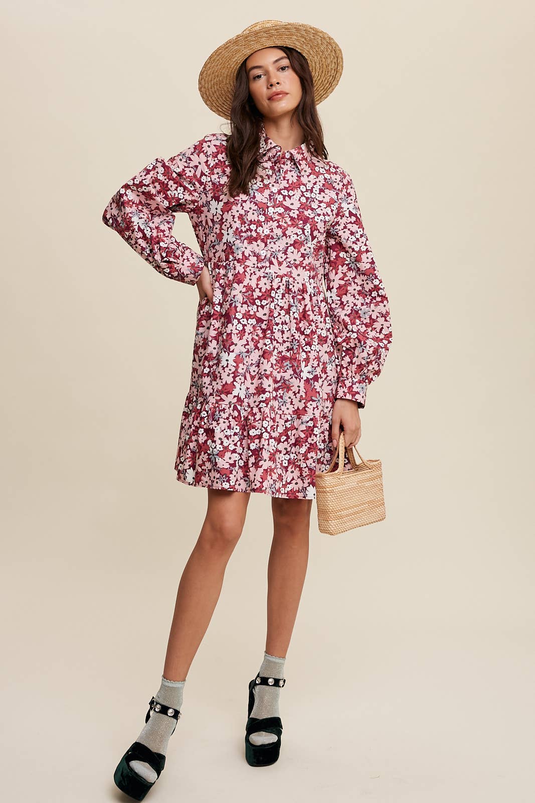 Bold Floral Tiered Shirt Dress