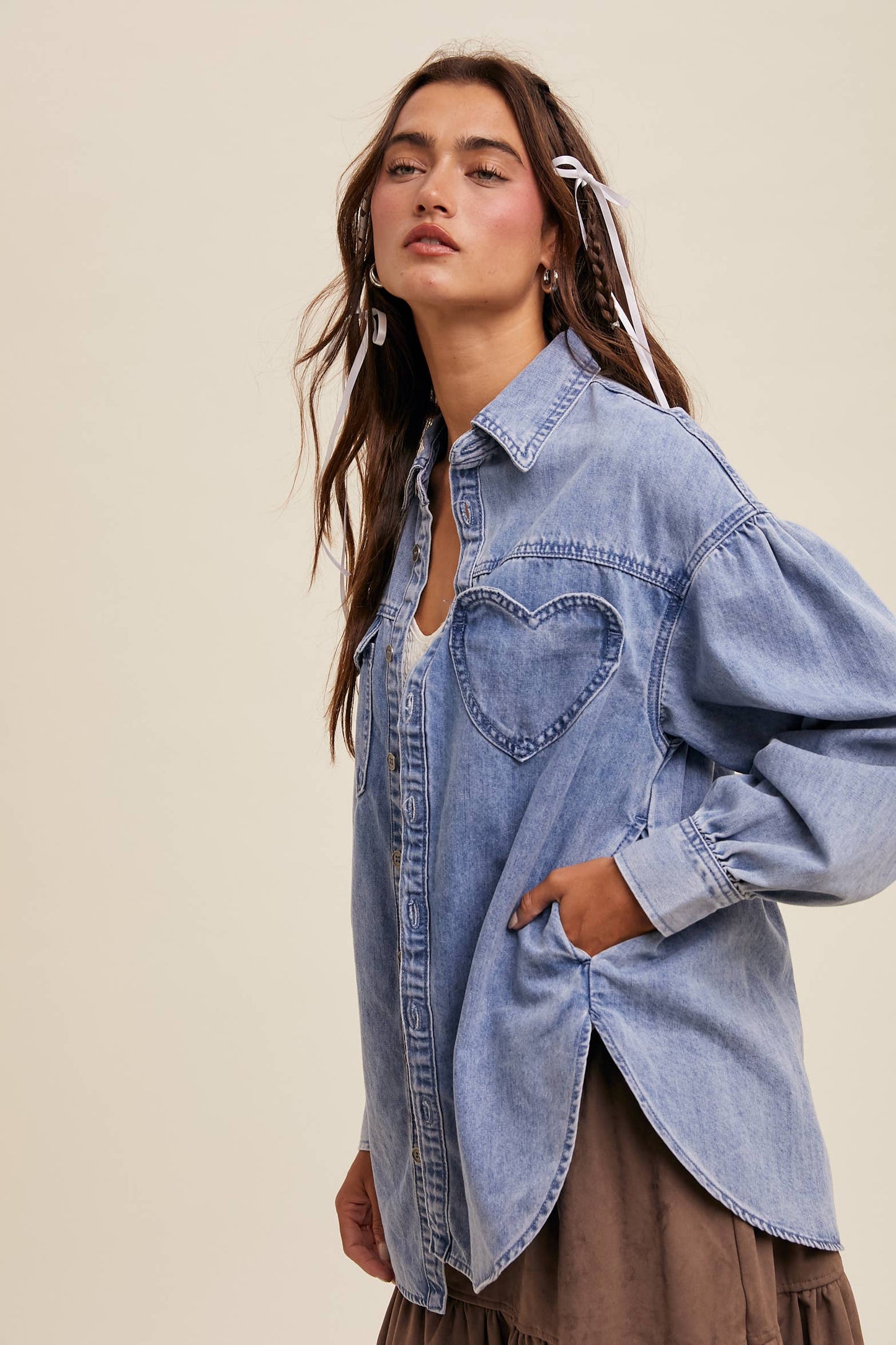 Heart Detail Oversized Denim Shirt/ Light Denim