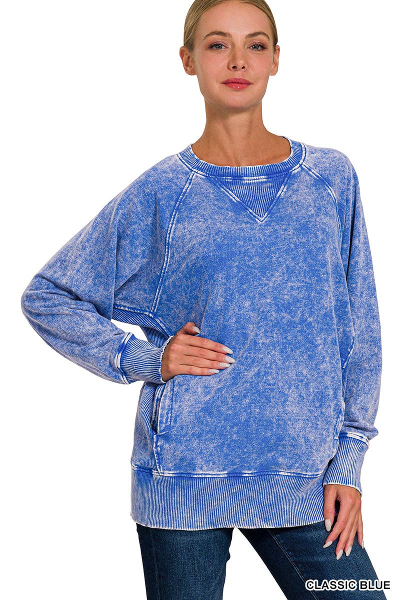 `Acid Wash French Terry Pullover w// Pockets: SLEET
