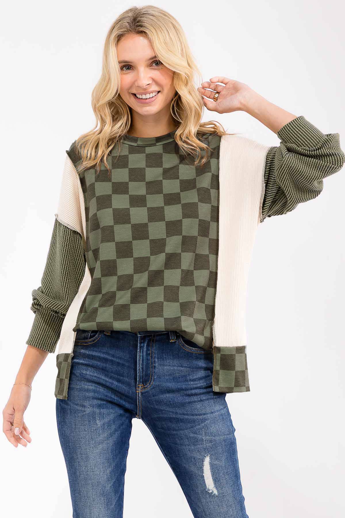 Checkered Print Long Sleeve Pullover Top/ Olive