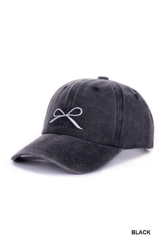 Ribbon Bow Embroidery Washed Cap: BLACK-168798 / OS